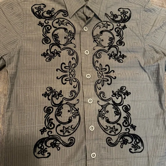 191 Unlimited Boys Button Down Shirt Gray Black Embroidered Western Style Size M - Picture 6 of 13
